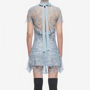 Self Portrait Peep Back Floral Lace Mini Dress in Light Blue UK 4